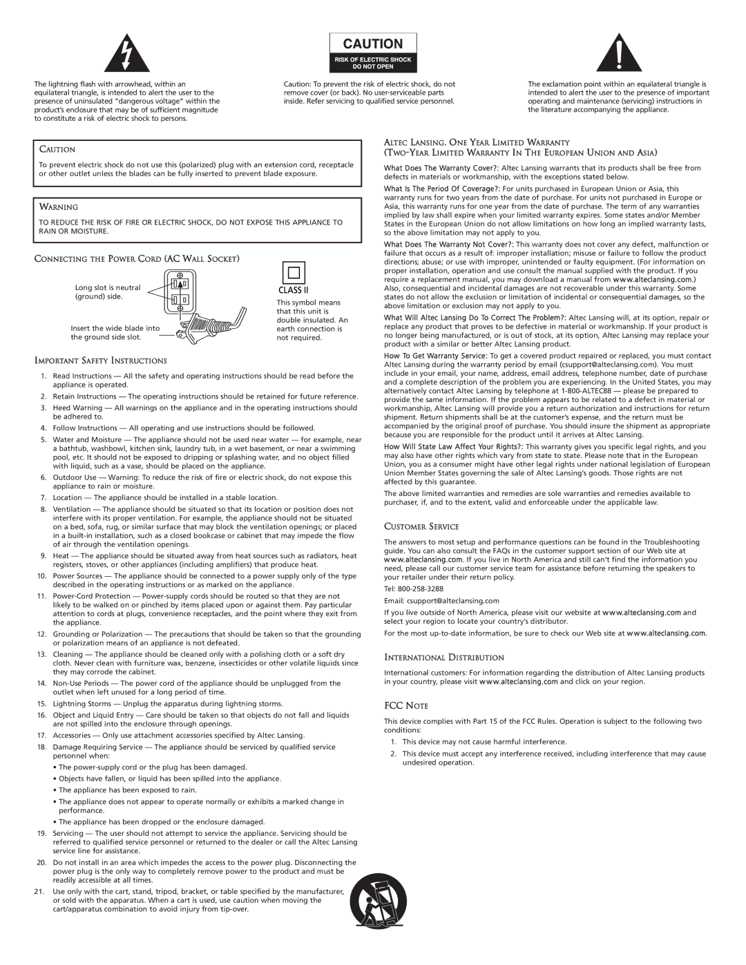 Altec Lansing VS1520, VS2521 manual FCC Note 