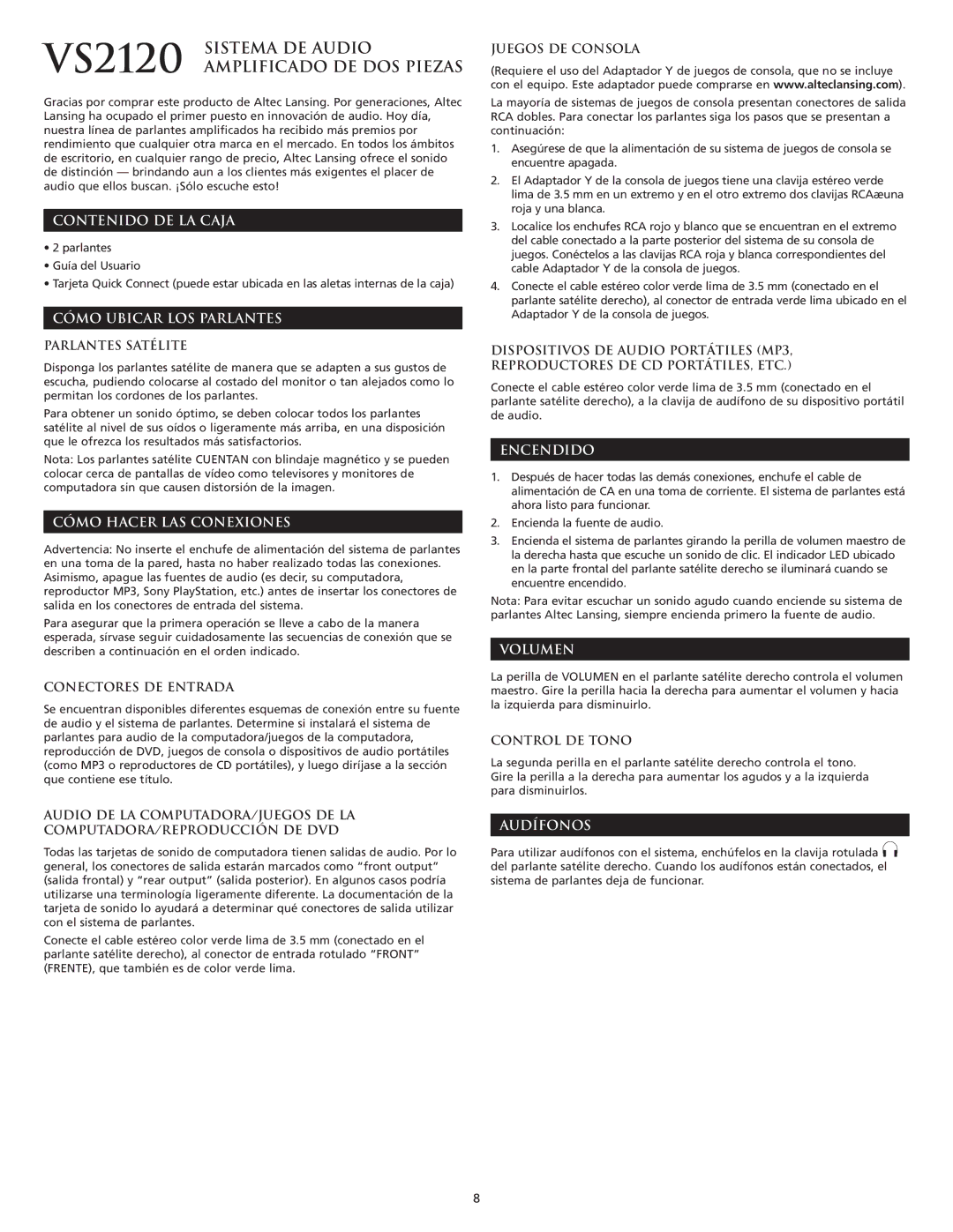 Altec Lansing VS2120 manual Contenido DE LA Caja, Cómo Ubicar LOS Parlantes, Cómo Hacer LAS Conexiones, Encendido, Volumen 
