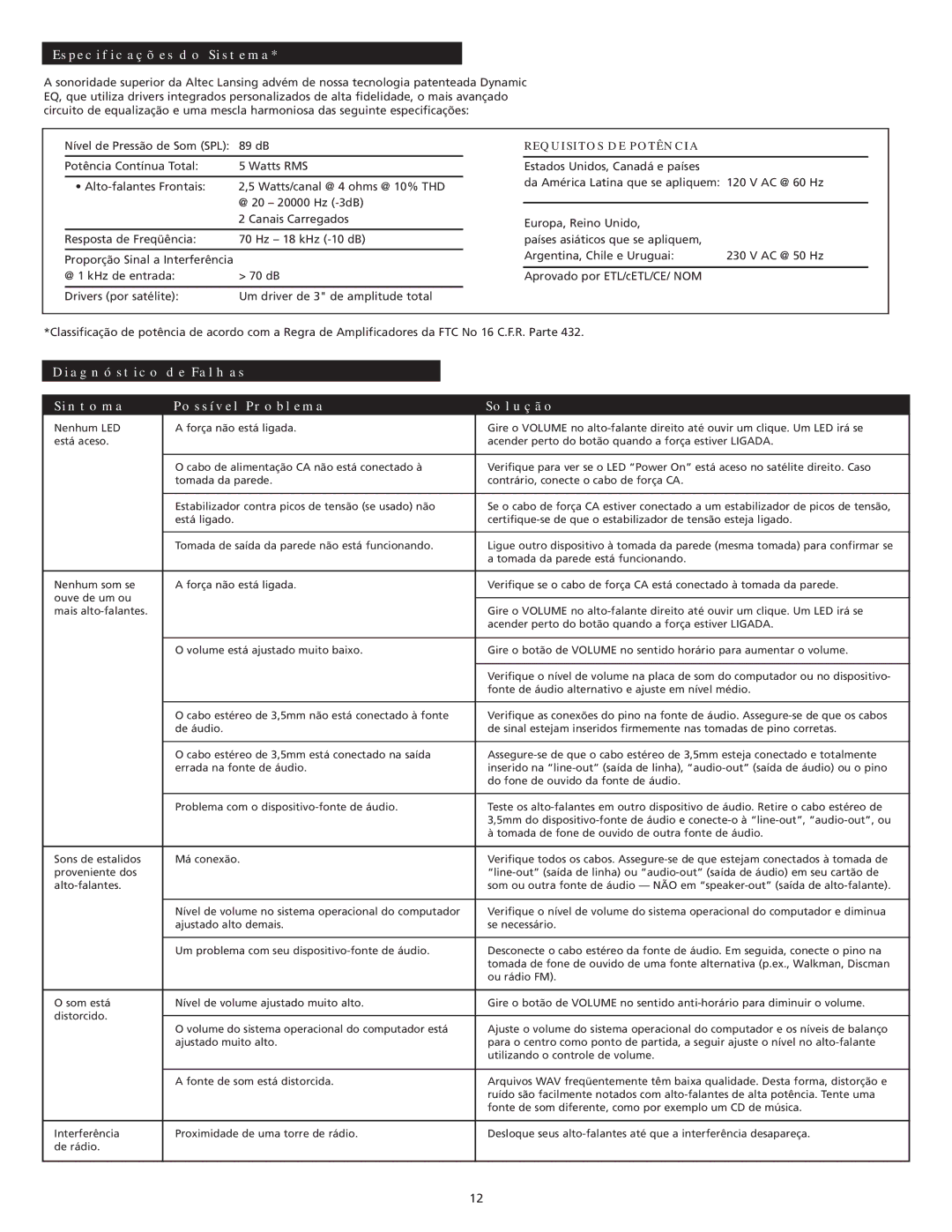 Altec Lansing VS2120 manual Especificações do Sistema, Diagnóstico DE Falhas Sintoma Possível Problema Solução 