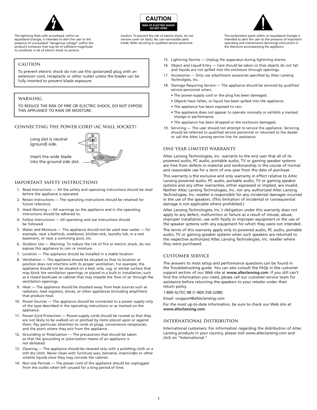 Altec Lansing VS2120 Connecting the Power Cord AC Wall Socket, Important Safety Instructions, ONE-YEAR Limited Warranty 