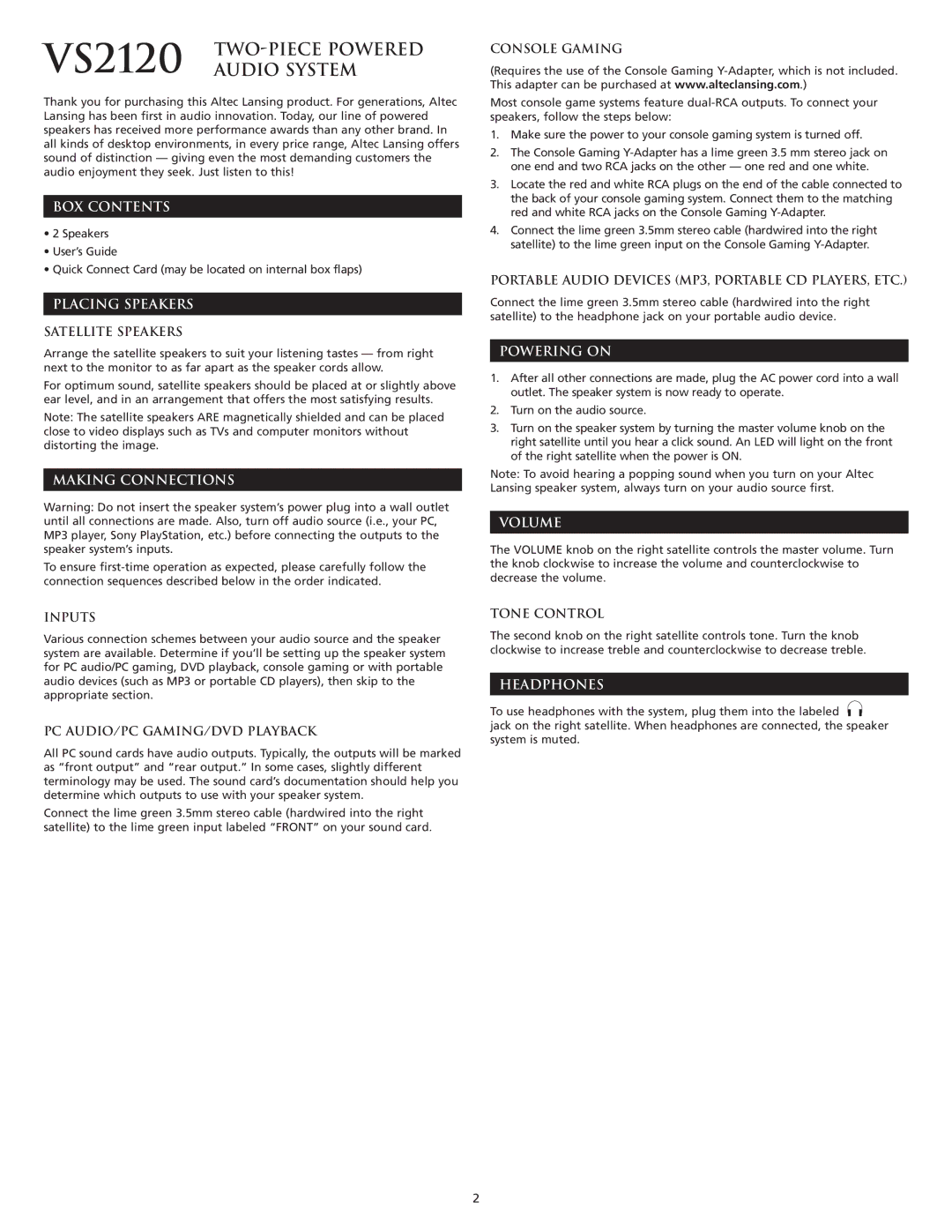 Altec Lansing VS2120 manual BOX Contents, Placing Speakers, Making Connections, Powering on, Volume, Headphones 