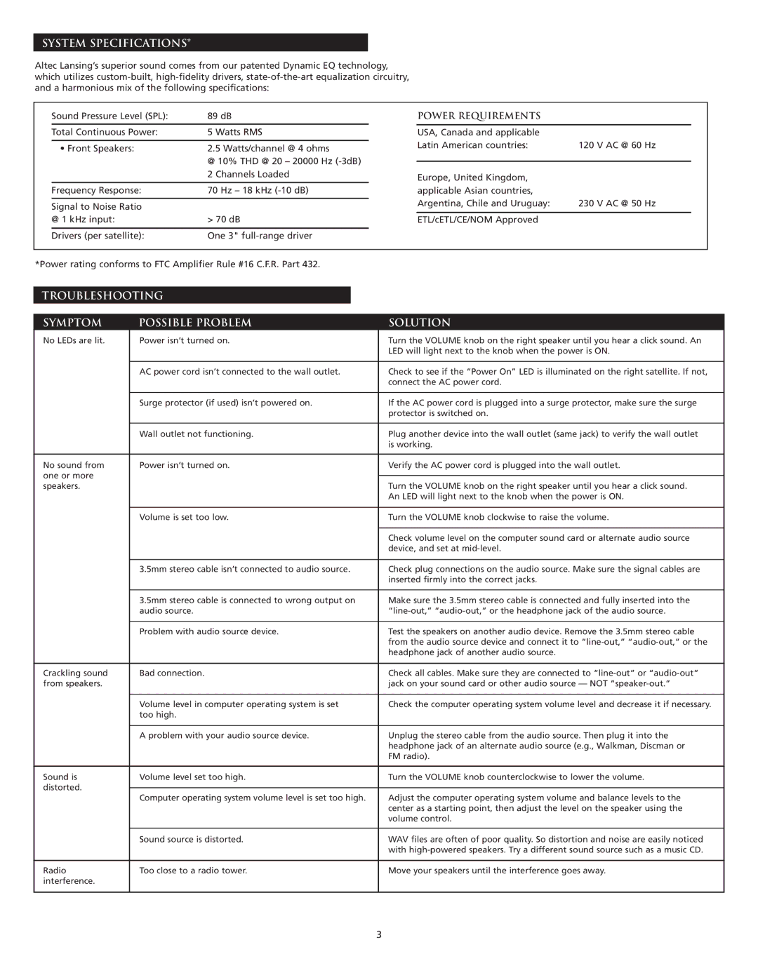 Altec Lansing VS2120 manual System Specifications, Troubleshooting Symptom Possible Problem Solution, Power Requirements 