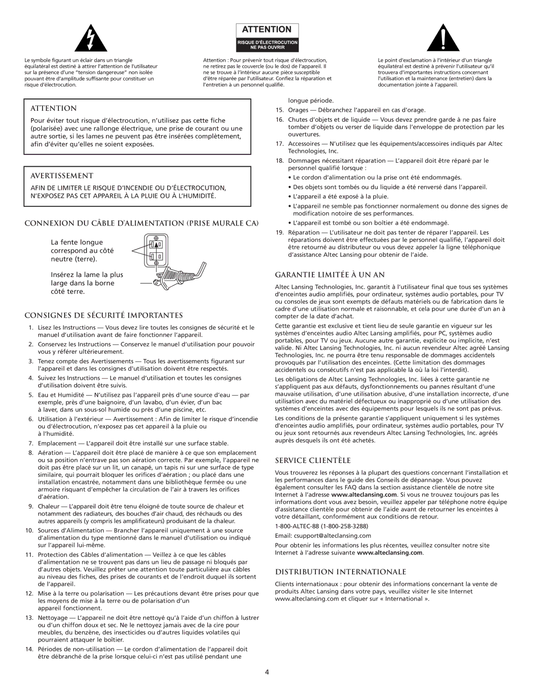 Altec Lansing VS2120 Avertissement, Connexion DU Câble D’ALIMENTATION Prise Murale CA, Consignes DE Sécurité Importantes 