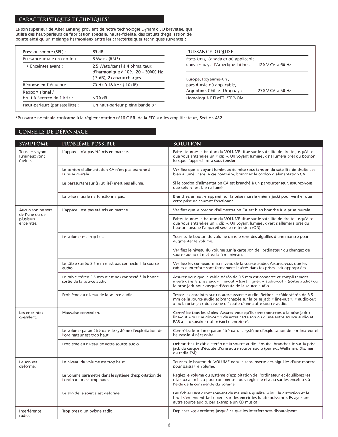 Altec Lansing VS2120 manual Caractéristiques Techniques, Conseils DE Dépannage Symptôme Problème Possible Solution 