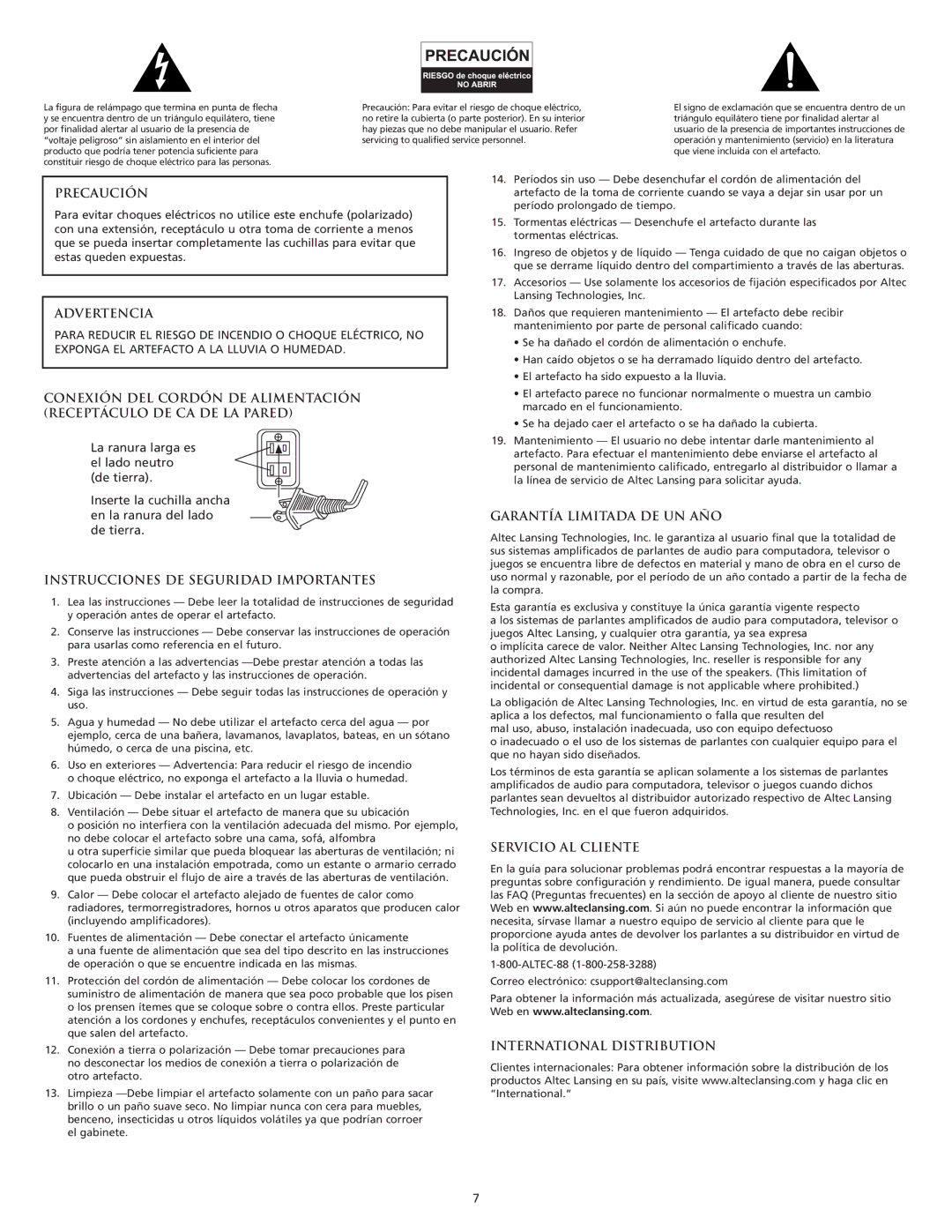 Altec Lansing VS2120 manual Precaución, Advertencia, Instrucciones DE Seguridad Importantes, Garantía Limitada DE UN AÑO 