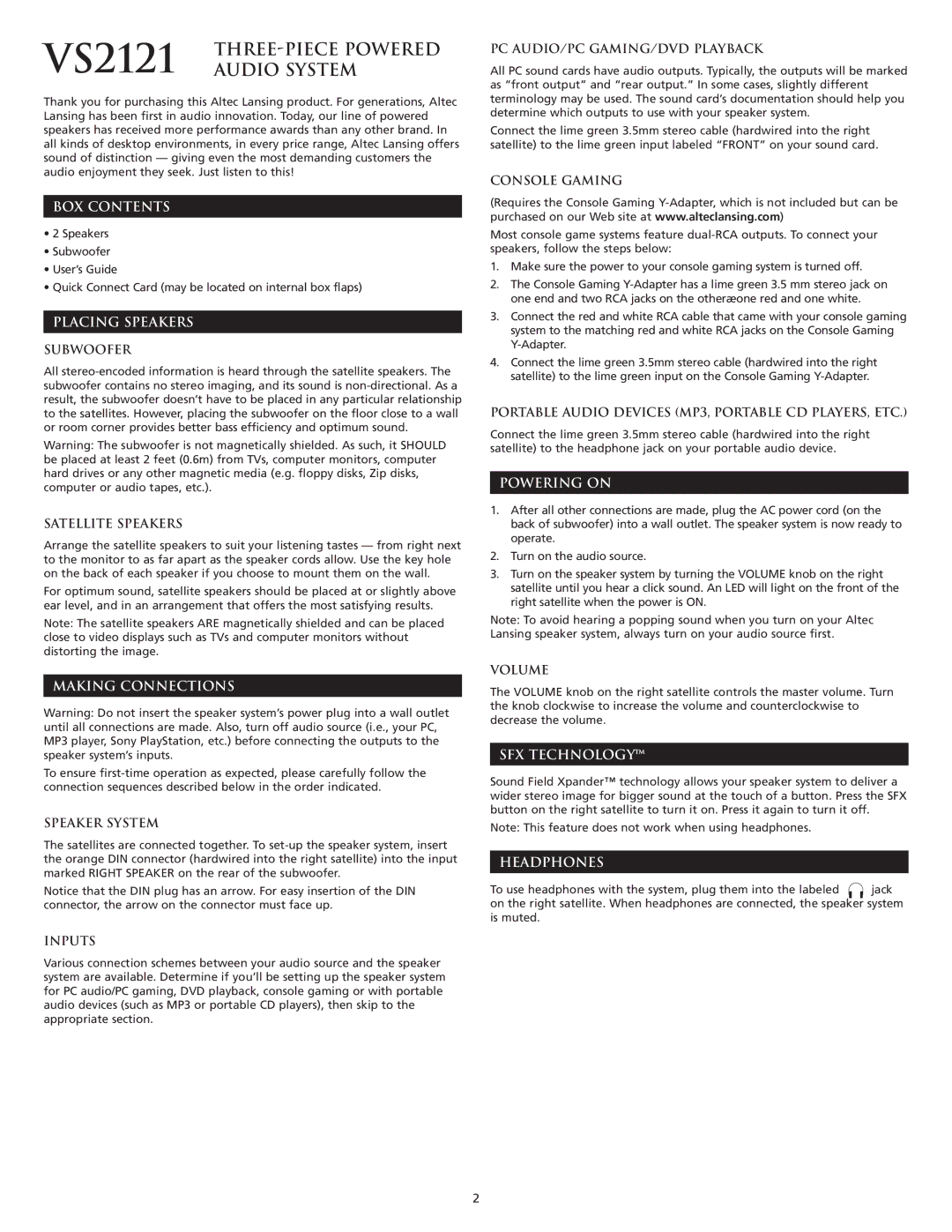 Altec Lansing VS2121 manual THREE-PIECE Powered, Audio System 