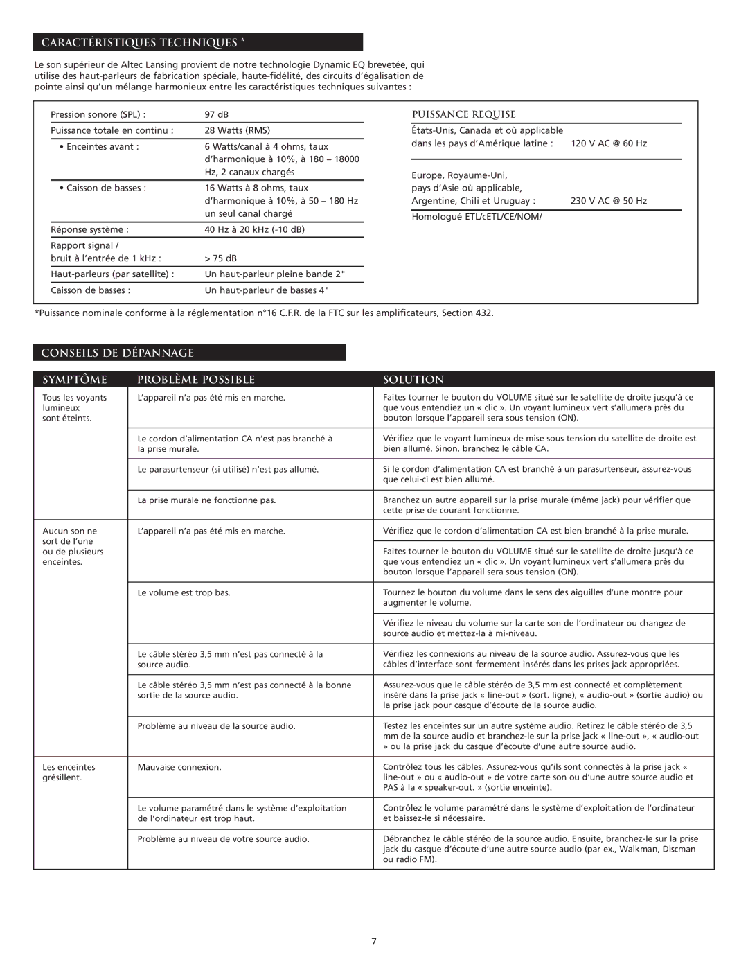 Altec Lansing VS2121 manual Caractéristiques Techniques, Conseils DE Dépannage Symptôme Problème Possible Solution 