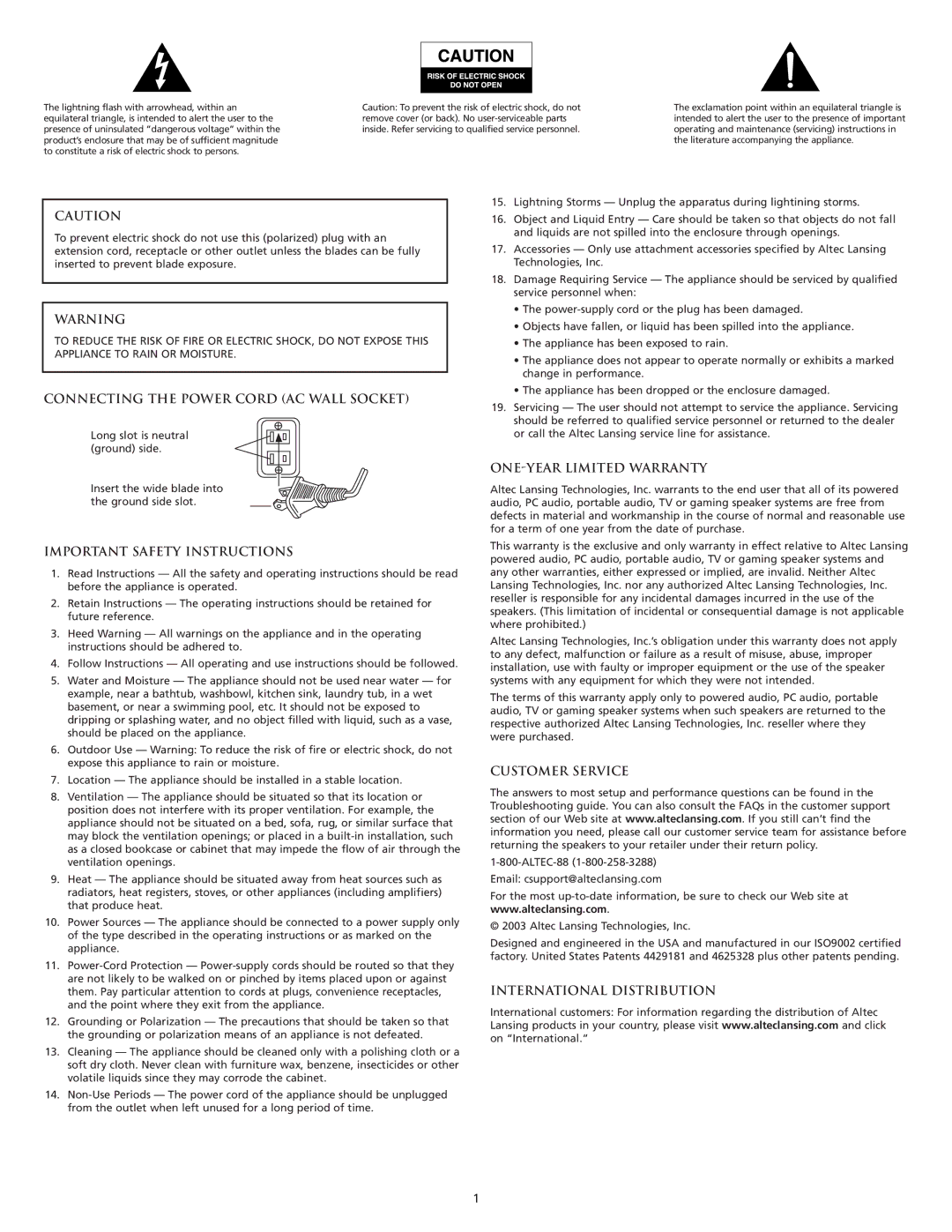 Altec Lansing VS2220 Connecting the Power Cord AC Wall Socket, Important Safety Instructions, ONE-YEAR Limited Warranty 