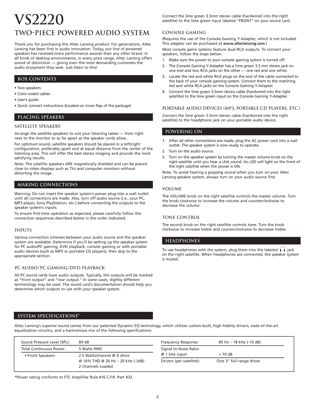 Altec Lansing VS2220 BOX Contents, Placing Speakers, Making Connections, Powering on, Headphones, System Specifications 
