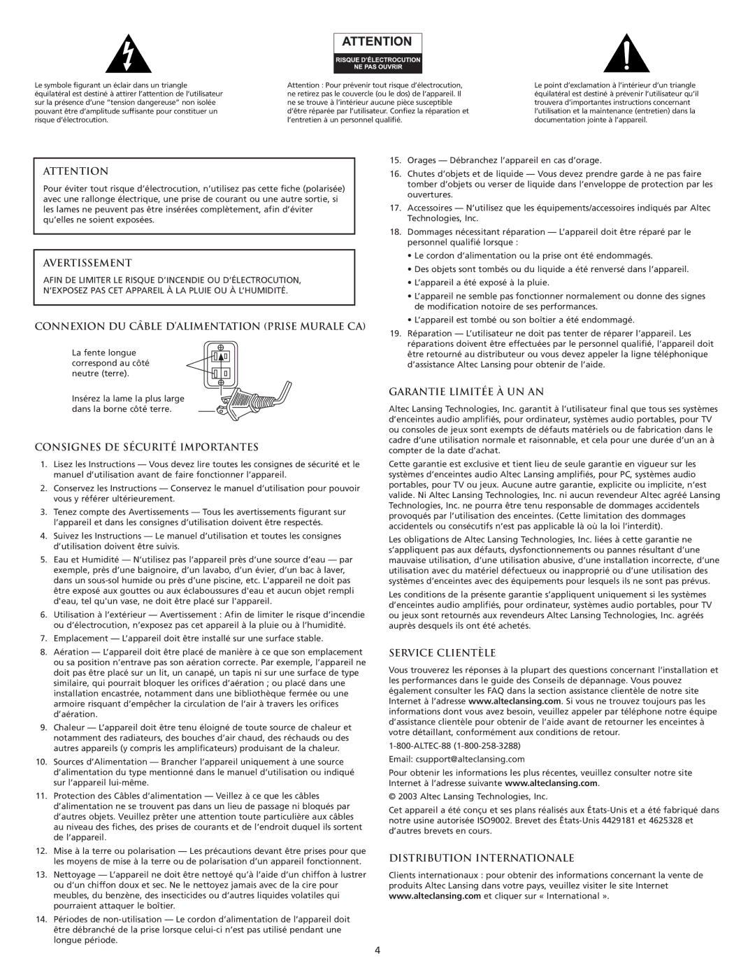 Altec Lansing VS2220 Avertissement, Connexion DU Câble D’ALIMENTATION Prise Murale CA, Consignes DE Sécurité Importantes 