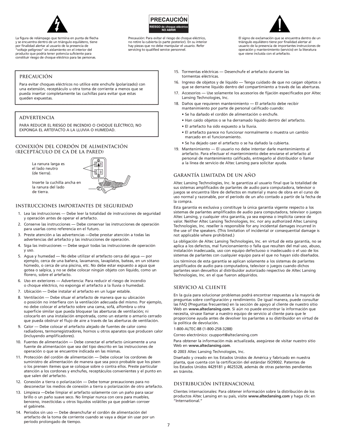 Altec Lansing VS2220 manual Precaución, Advertencia, Instrucciones Importantes DE Seguridad, Garantía Limitada DE UN AÑO 