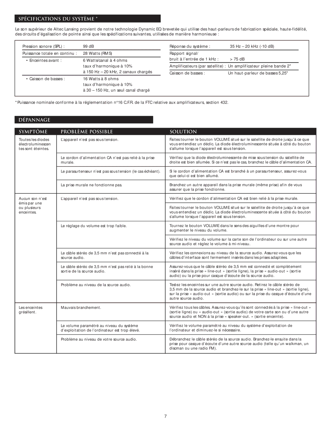 Altec Lansing VS2221 manual Spécifications DU Système, Dépannage Symptôme Problème Possible Solution 