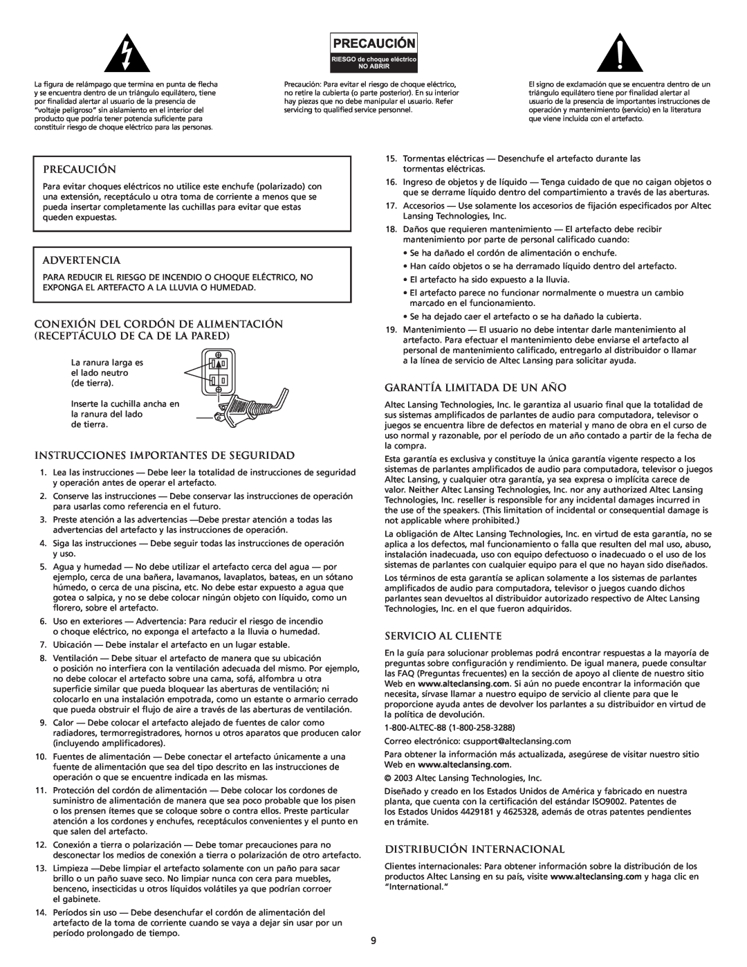 Altec Lansing VS2221 manual Precaución, Advertencia, Instrucciones Importantes De Seguridad, Garantía Limitada De Un Año 