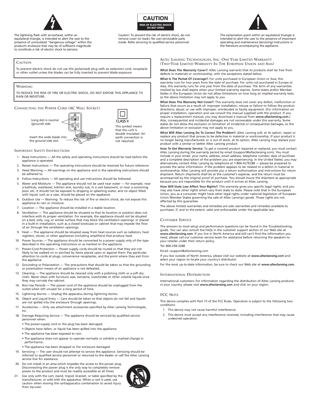 Altec Lansing VS2420 manual FCC Note 