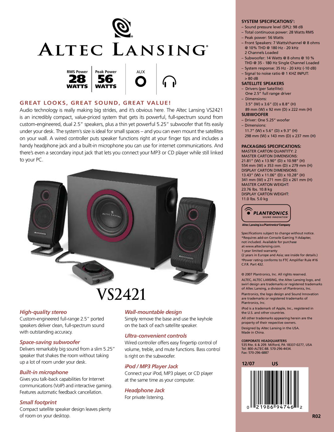 Altec Lansing VS2421 manual High-quality stereo, Space-saving subwoofer, Built-in microphone, Ultra-convenient controls 