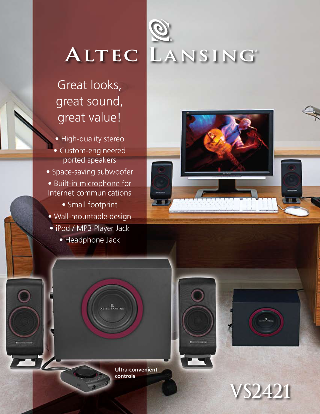 Altec Lansing VS2421 manual Great looks, great sound, great value, High-qualitystereo, Space-savingsubwoofer 