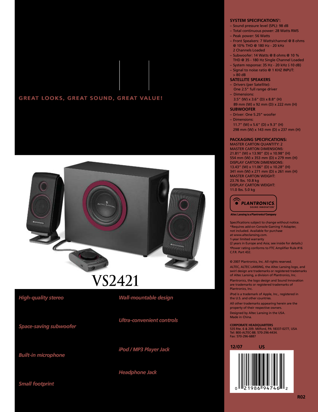 Altec Lansing VS2421 manual Watts Watts, Great looks, great sound, great value, High-qualitystereo, Space-savingsubwoofer 