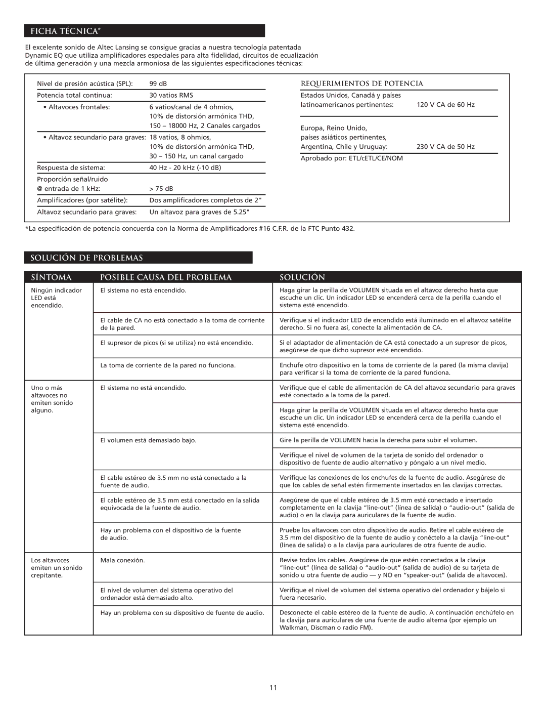 Altec Lansing VS3121 Ficha Técnica, Solución DE Problemas Síntoma Posible Causa DEL Problema, Requerimientos DE Potencia 