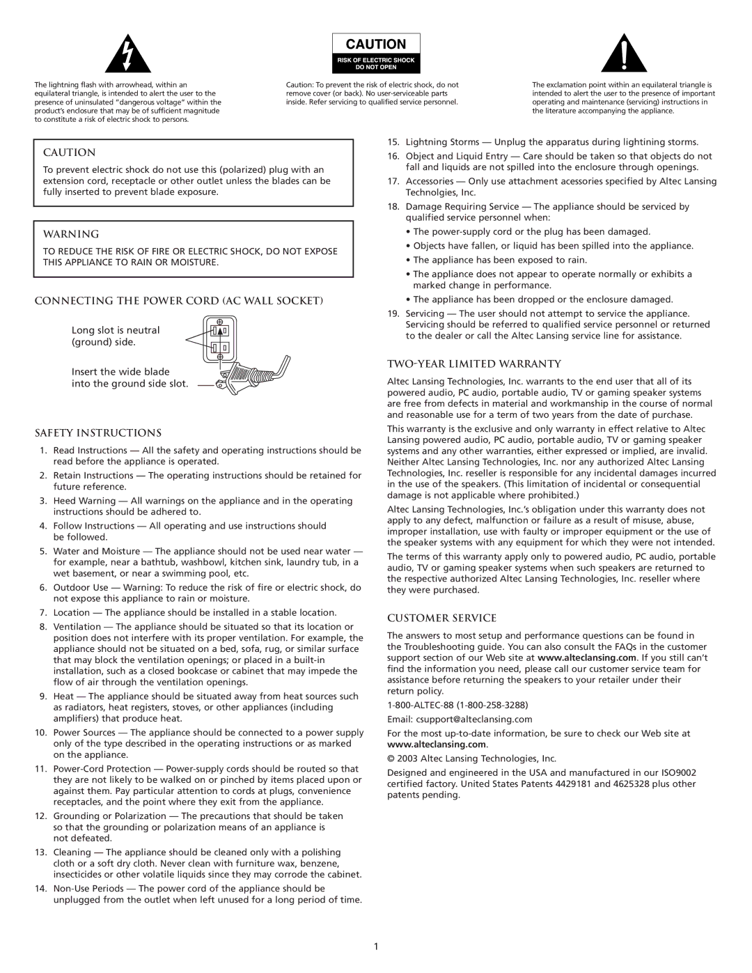 Altec Lansing VS3121 manual Connecting the Power Cord AC Wall Socket, Safety Instructions, TWO-YEAR Limited Warranty 