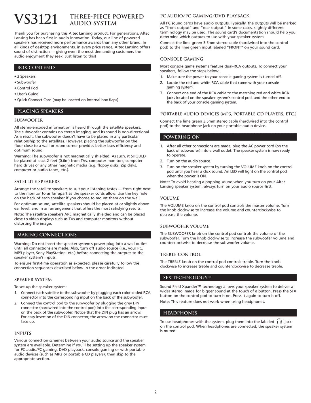 Altec Lansing VS3121 manual BOX Contents, Placing Speakers, Making Connections, Powering on, SFX Technology, Headphones 