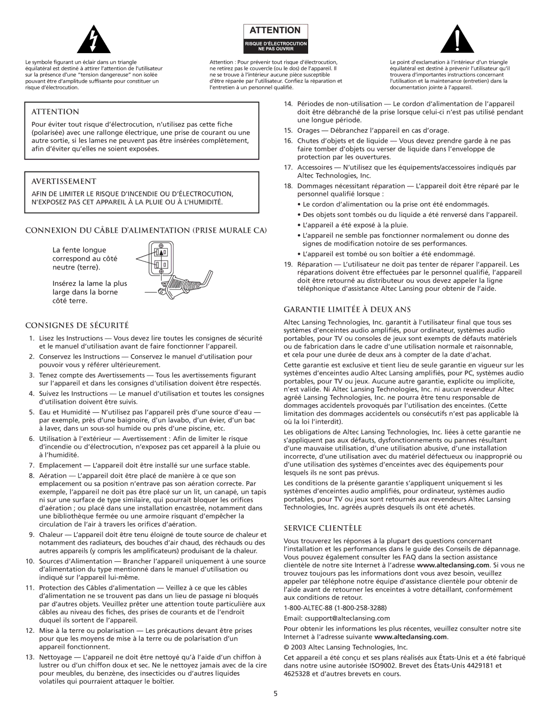 Altec Lansing VS3121 manual Avertissement, Connexion DU Câble D’ALIMENTATION Prise Murale CA, Consignes DE Sécurité 