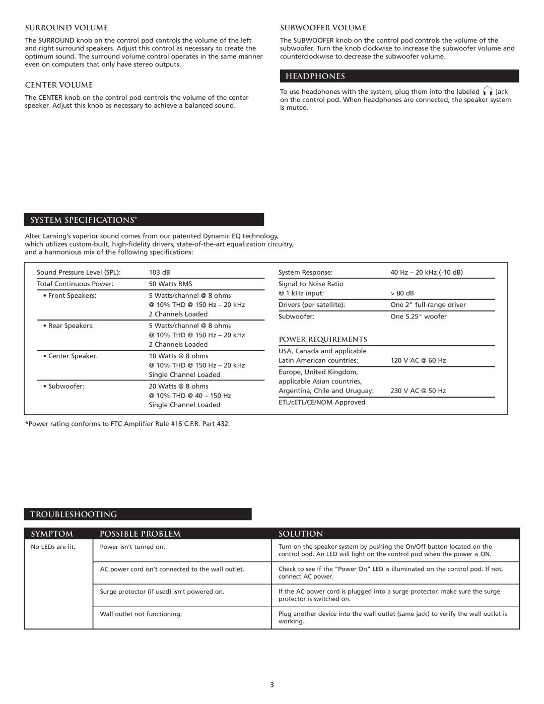 Altec Lansing VS3151 manual Surround Volume, Subwoofer Volume, Center Volume, System Specifications Headphones 