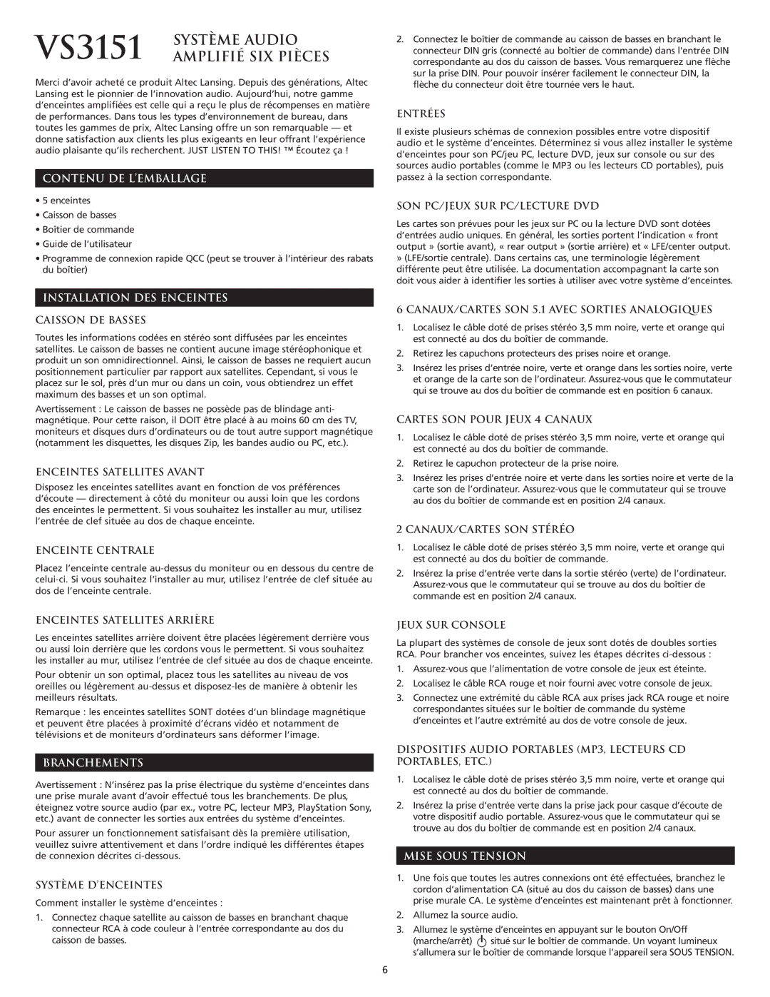 Altec Lansing VS3151 manual Système Audio, Amplifié SIX Pièces 