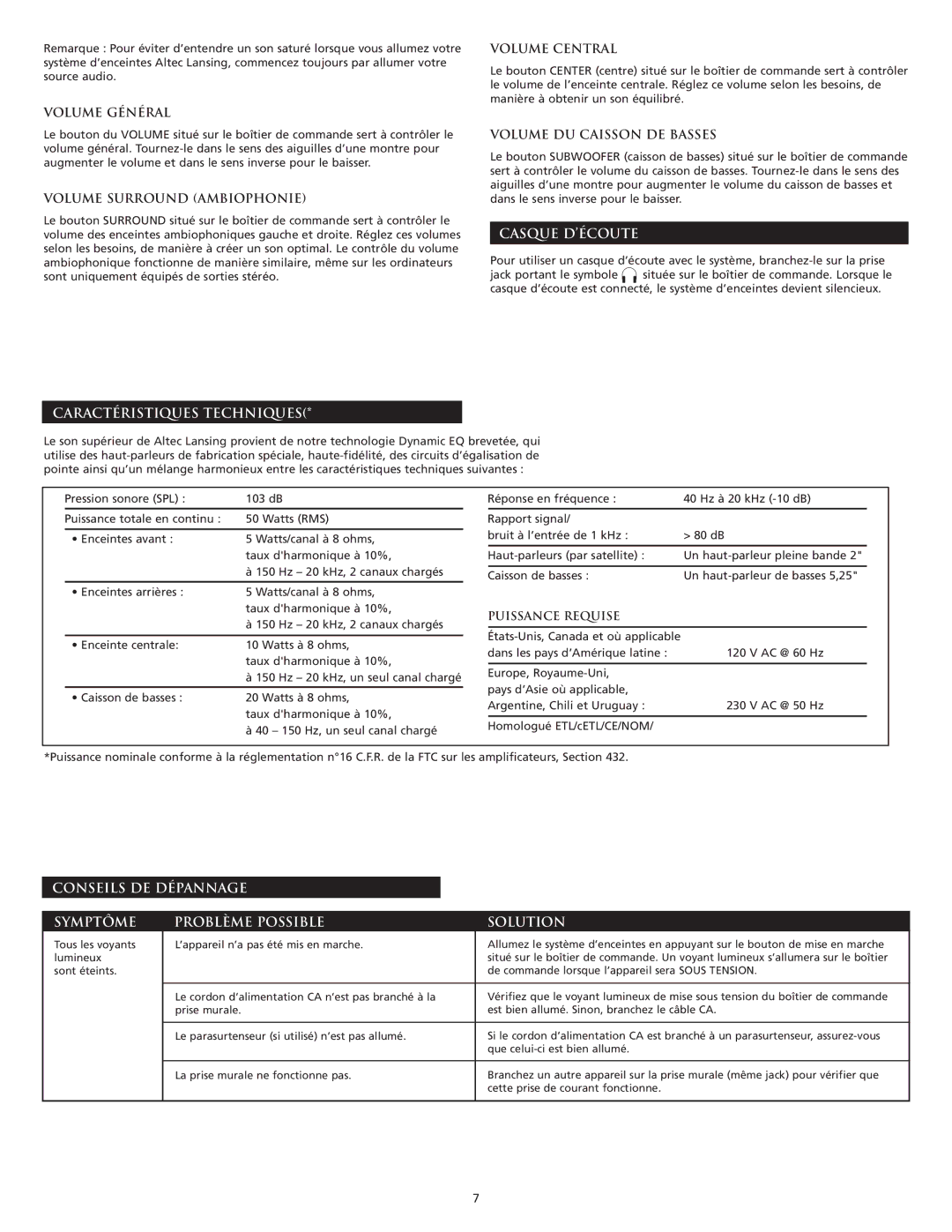 Altec Lansing VS3151 manual Caractéristiques Techniques, Casque D’ÉCOUTE 