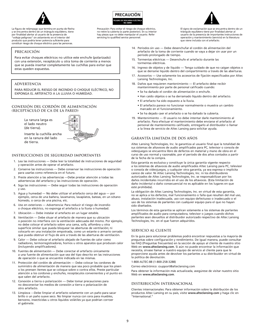 Altec Lansing VS3151R manual Precaución, Advertencia, Instrucciones DE Seguridad Importantes, Garantía Limitada DE DOS Años 