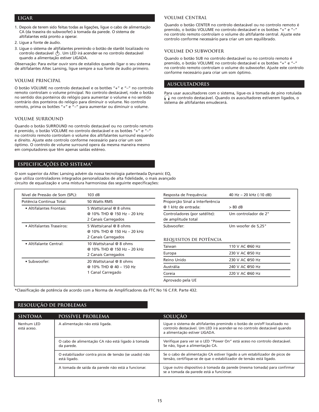 Altec Lansing VS3151R manual Ligar, Auscultadores, Especificações do Sistema 