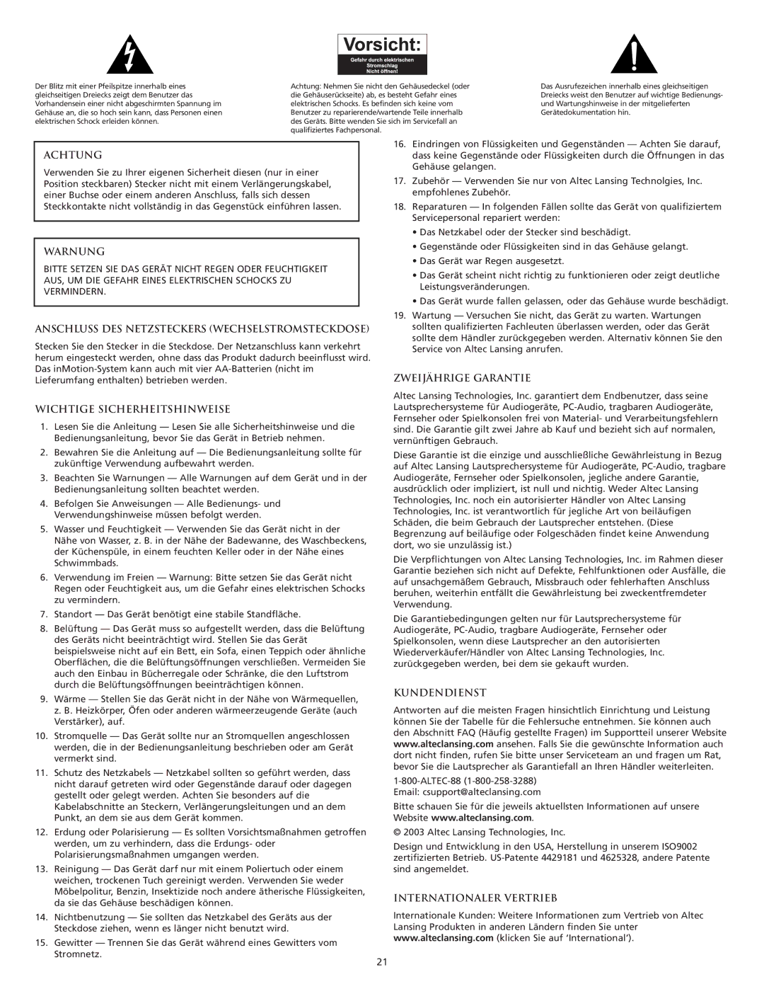 Altec Lansing VS3151R Achtung, Warnung, Anschluss DES Netzsteckers Wechselstromsteckdose, Wichtige Sicherheitshinweise 