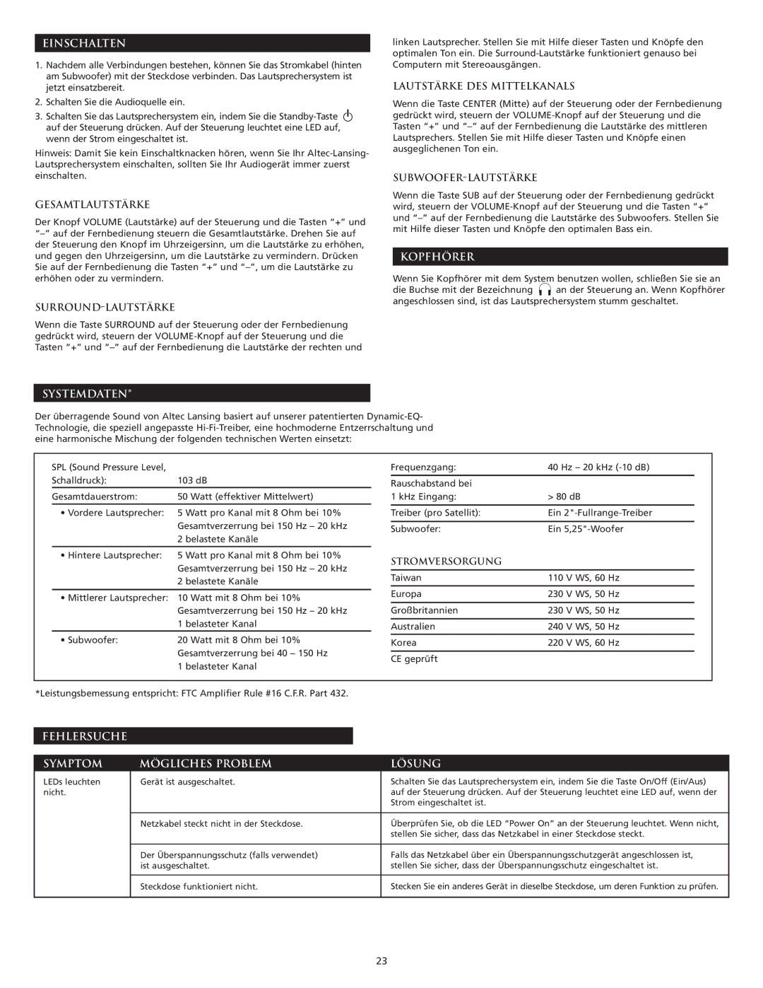 Altec Lansing VS3151R manual Einschalten, Systemdaten, Kopfhörer, Fehlersuche Symptom Mögliches Problem Lösung 