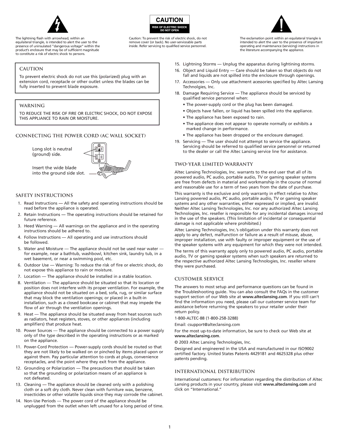 Altec Lansing VS3151R manual Connecting the Power Cord AC Wall Socket, Safety Instructions, TWO-YEAR Limited Warranty 