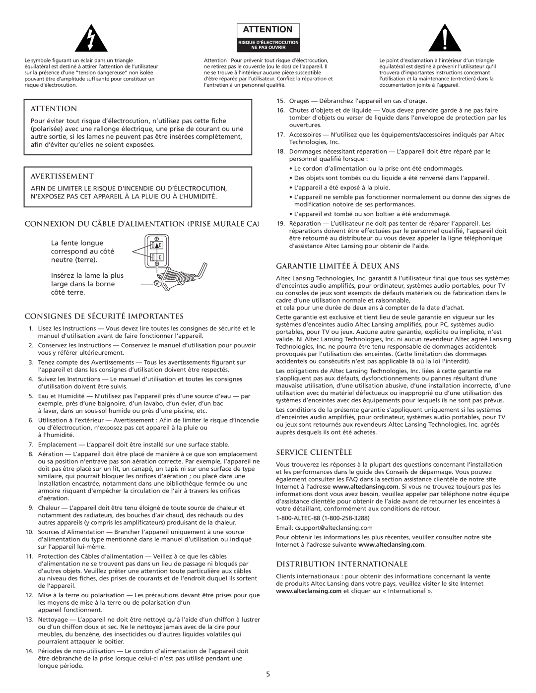 Altec Lansing VS3151R Avertissement, Connexion DU Câble D’ALIMENTATION Prise Murale CA, Consignes DE Sécurité Importantes 