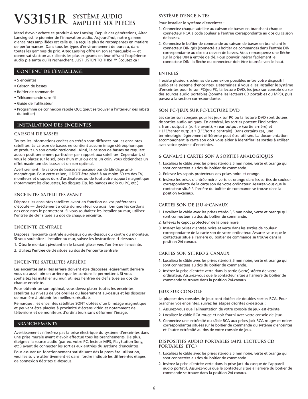 Altec Lansing VS3151R manual Contenu DE L’EMBALLAGE, Installation DES Enceintes, Branchements 