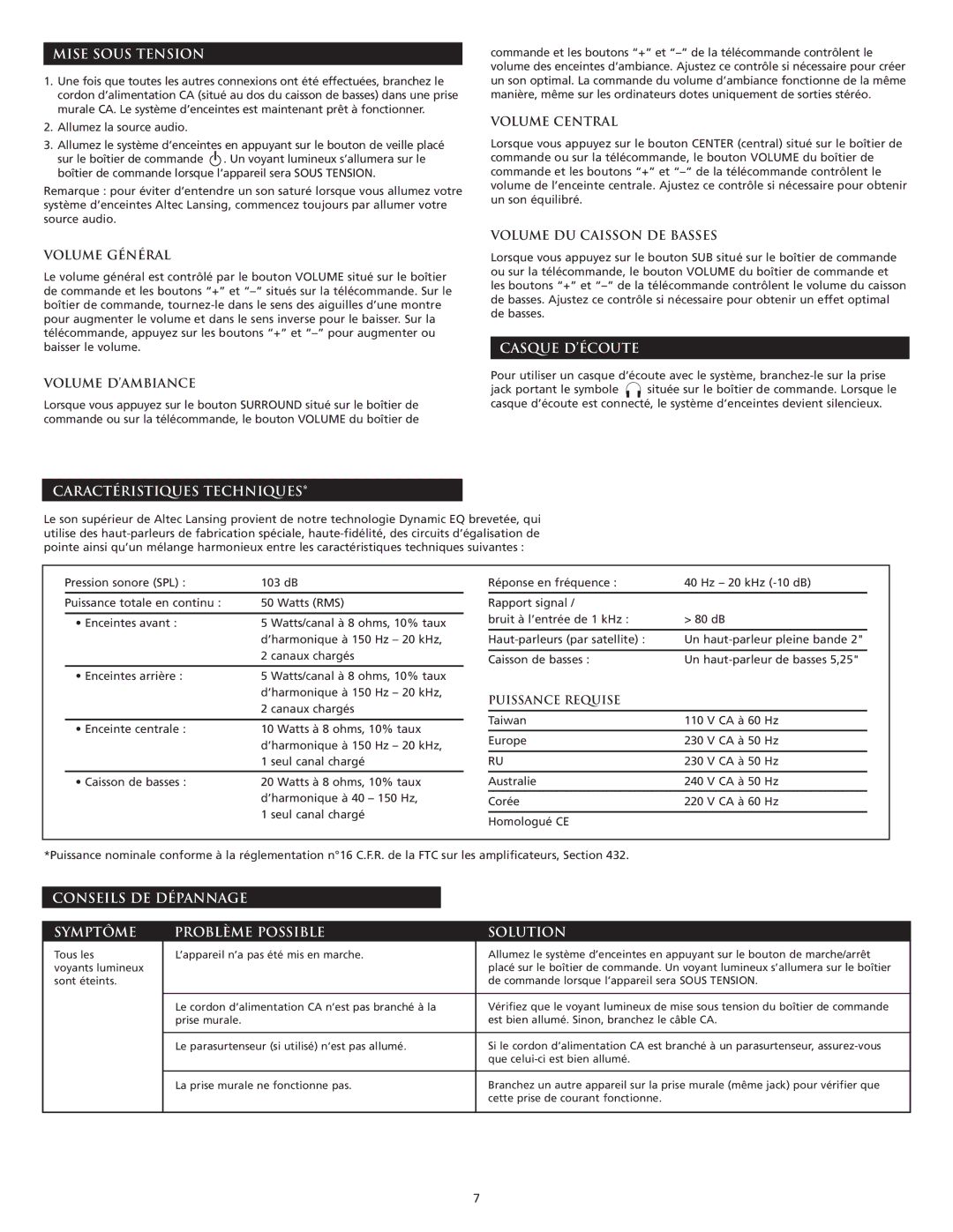 Altec Lansing VS3151R manual Mise Sous Tension, Casque D’ÉCOUTE, Caractéristiques Techniques 
