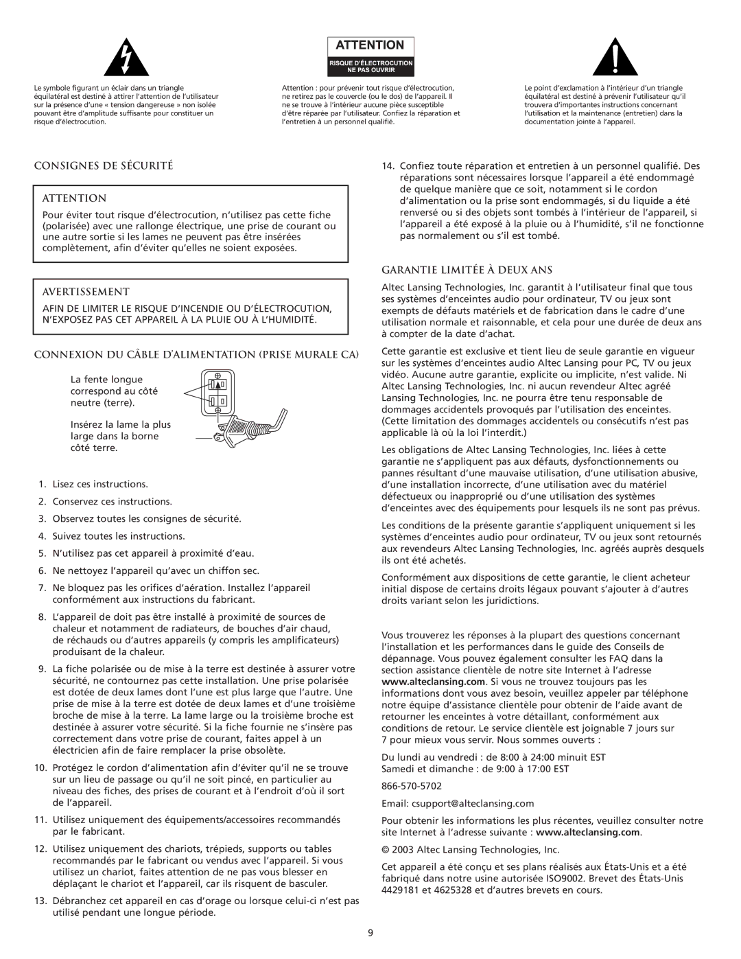 Altec Lansing VS4121 manual Consignes DE Sécurité, Avertissement, Connexion DU Câble D’ALIMENTATION Prise Murale CA 