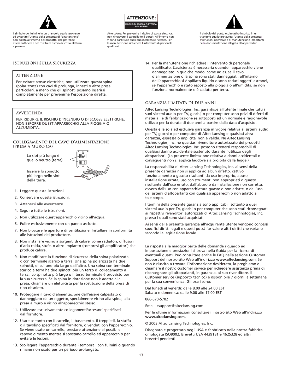 Altec Lansing VS4121 manual Istruzioni Sulla Sicurezza Attenzione, Avvertenza, Garanzia Limitata DI DUE Anni 