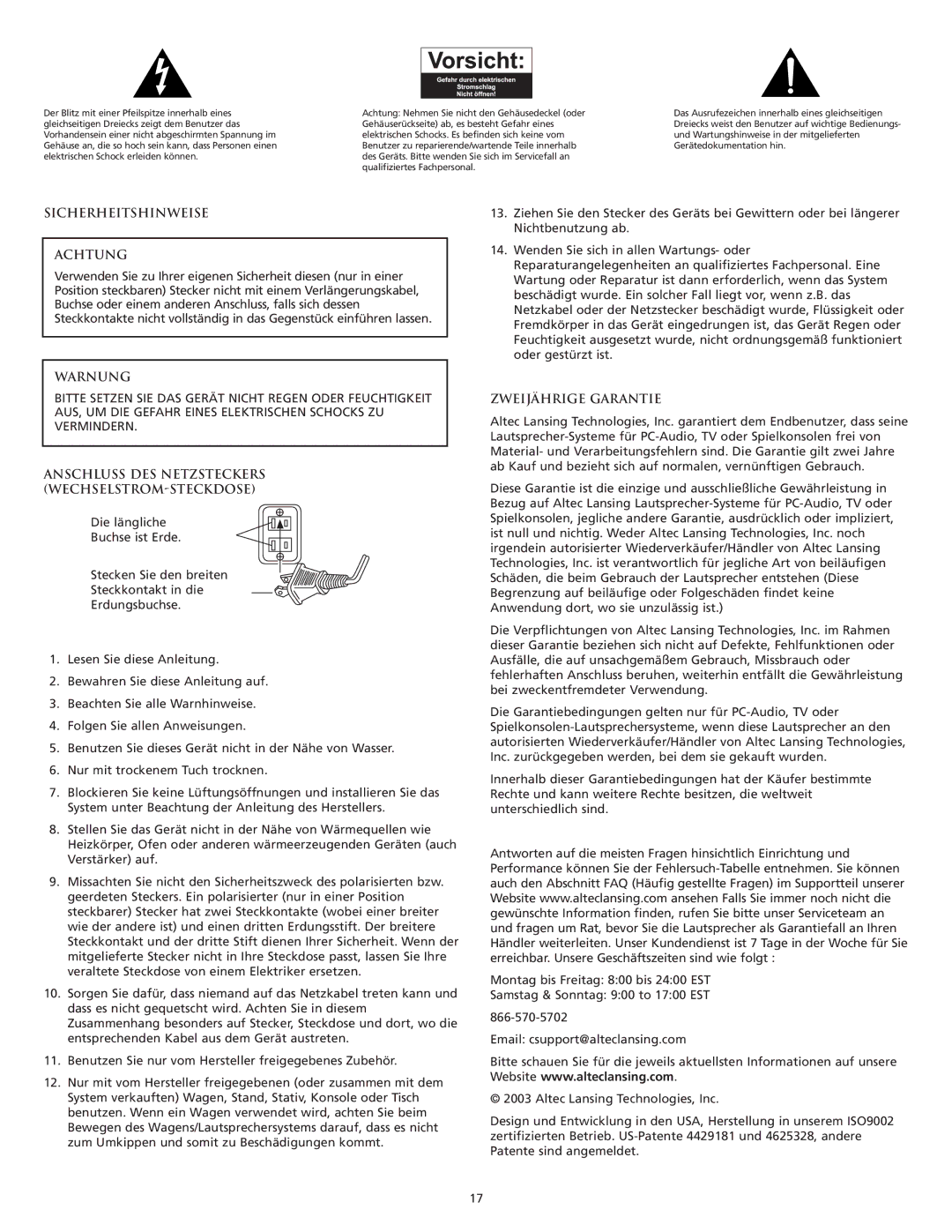 Altec Lansing VS4121 manual Sicherheitshinweise Achtung, Warnung, Anschluss DES Netzsteckers WECHSELSTROM-STECKDOSE 