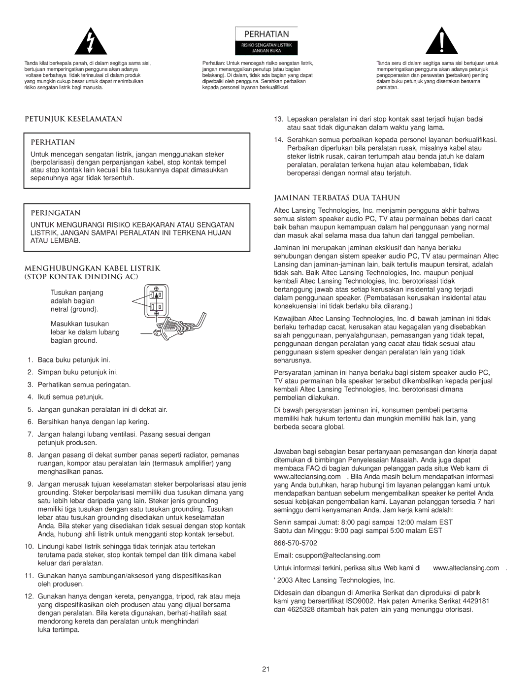 Altec Lansing VS4121 manual Petunjuk Keselamatan Perhatian, Peringatan, Menghubungkan Kabel Listrik Stop Kontak Dinding AC 