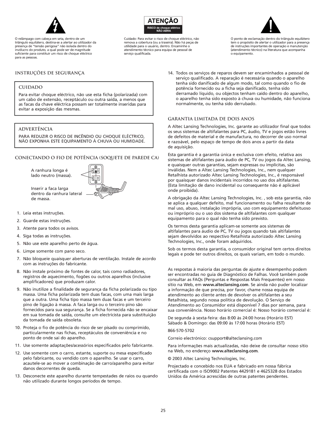 Altec Lansing VS4121 manual Instruções DE Segurança Cuidado, Advertência, Conectando O FIO DE Potência Soquete DE Parede CA 