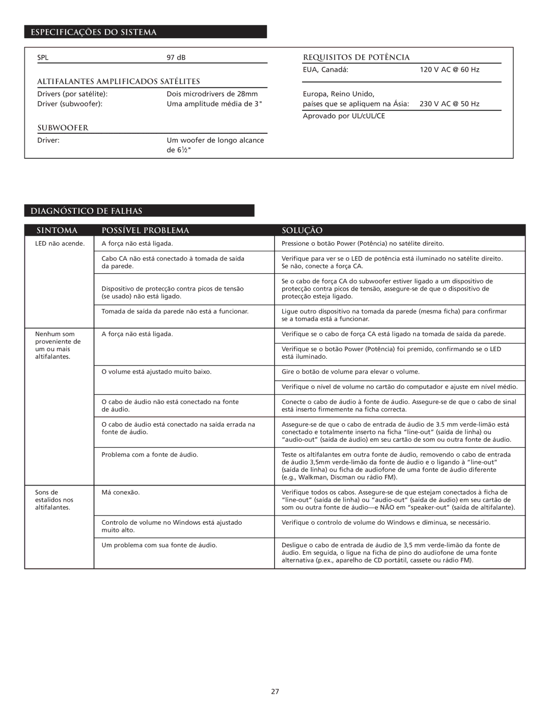 Altec Lansing VS4121 manual Especificações do Sistema, Requisitos DE Potência, Altifalantes Amplificados Satélites 