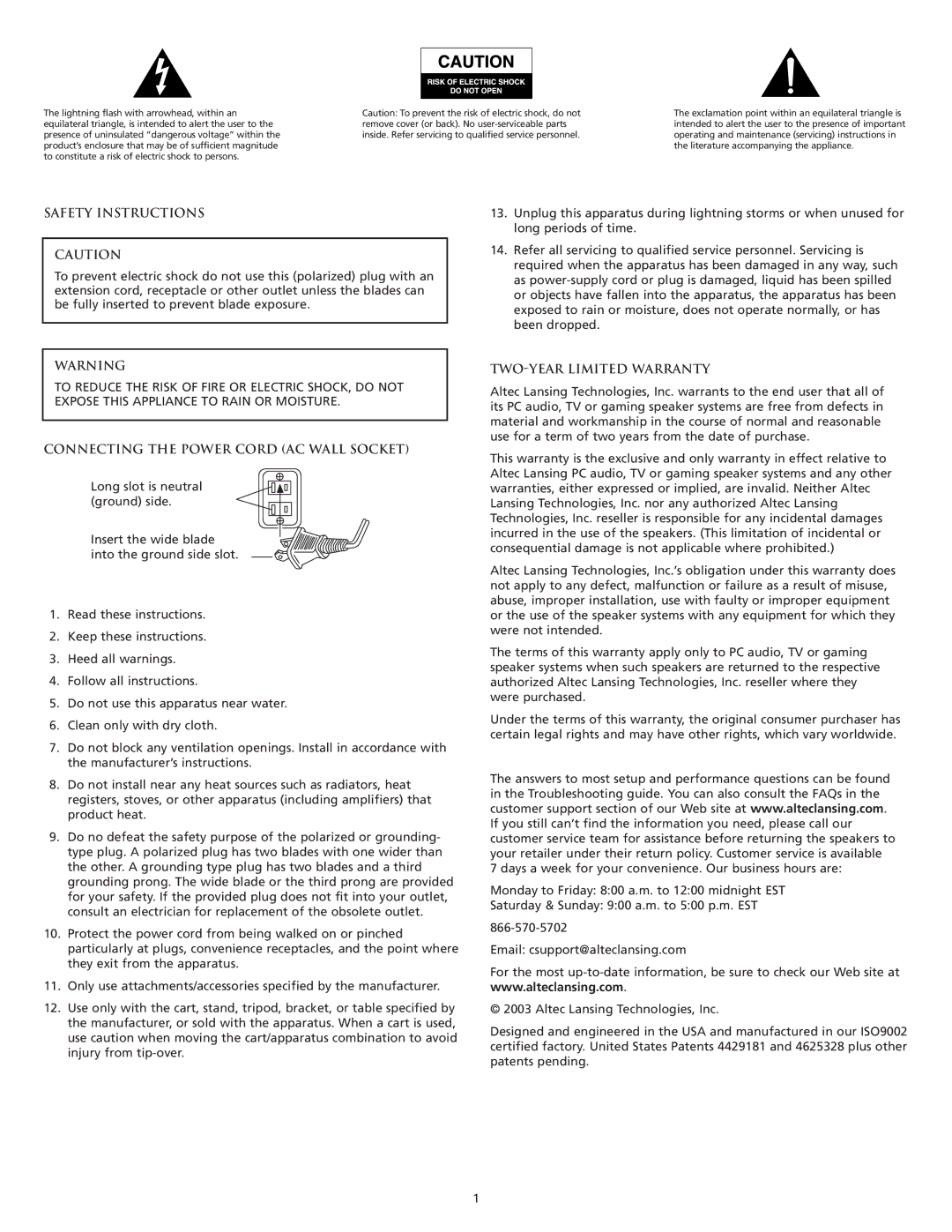 Altec Lansing VS4121 manual Safety Instructions, Connecting the Power Cord AC Wall Socket, TWO-YEAR Limited Warranty 