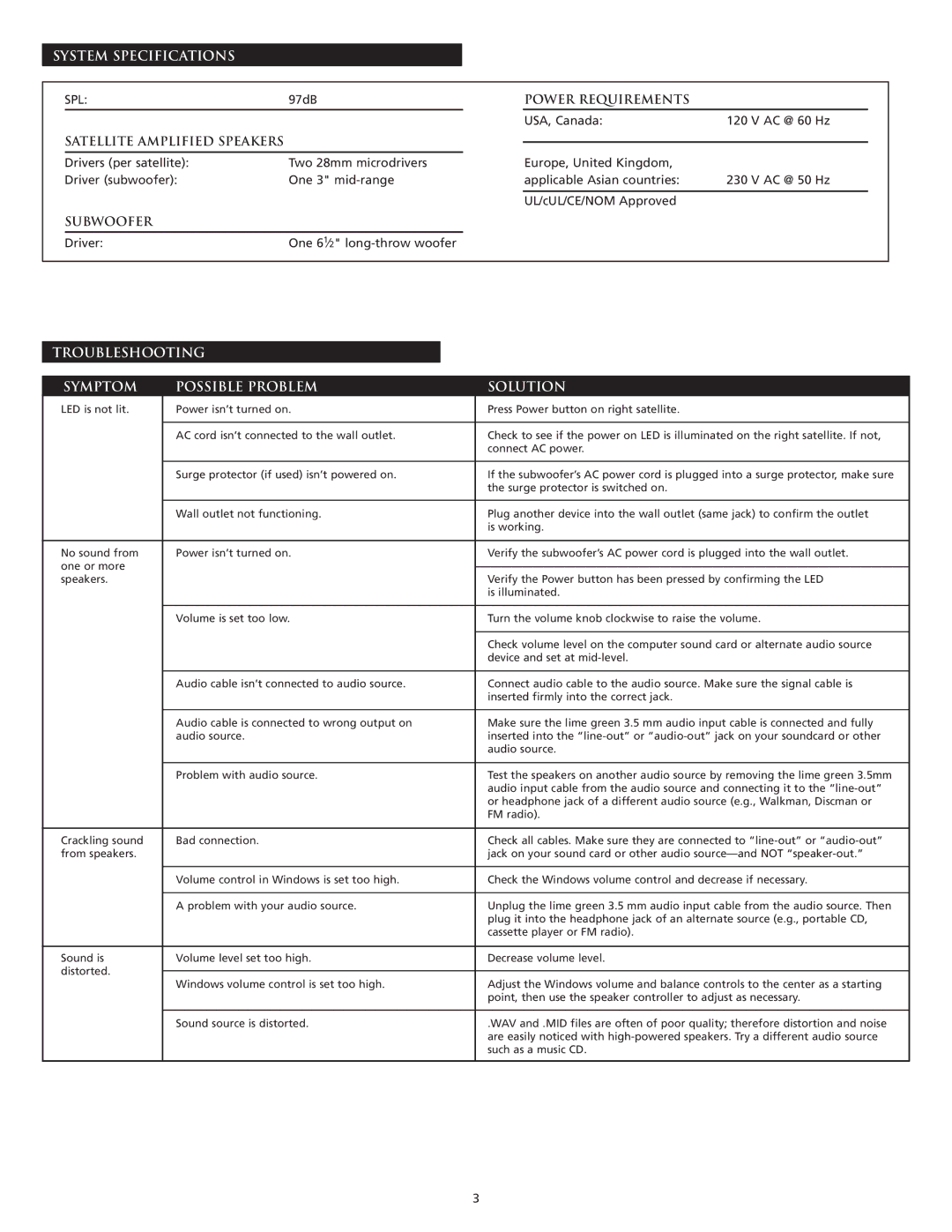 Altec Lansing VS4121 manual System Specifications, Power Requirements, Satellite Amplified Speakers, Subwoofer 