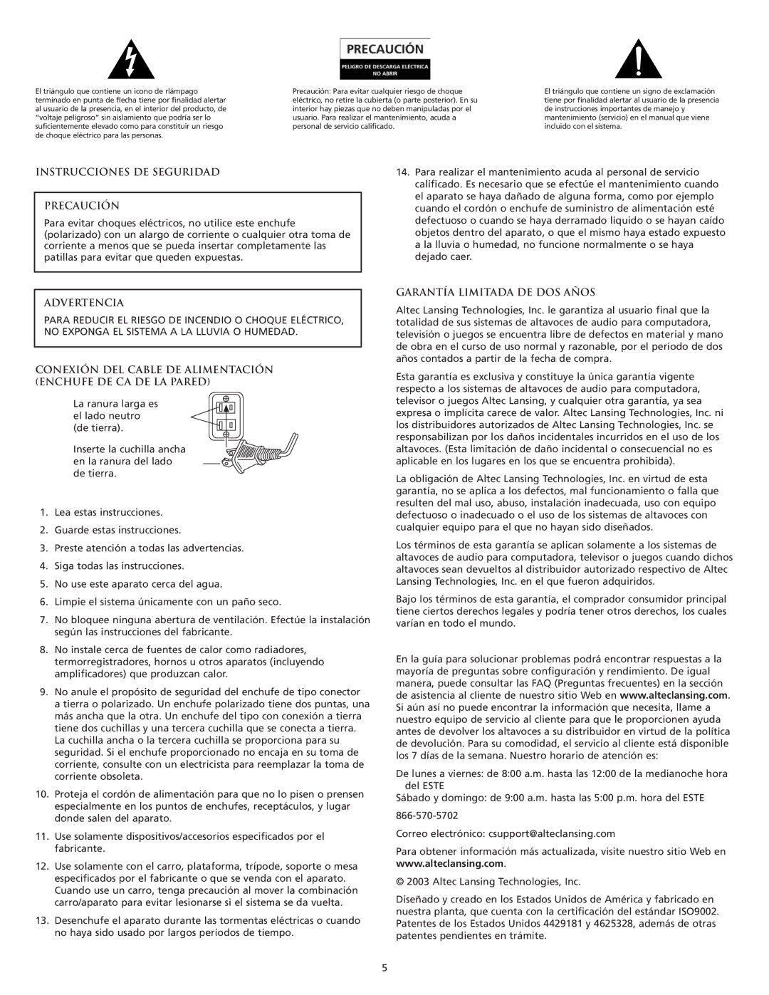 Altec Lansing VS4121 manual Instrucciones DE Seguridad Precaución, Advertencia, Garantía Limitada DE DOS Años 