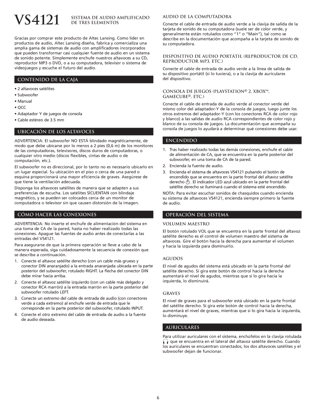 Altec Lansing VS4121 Contenido DE LA Caja, Ubicación DE LOS Altavoces, Encendido, Cómo Hacer LAS Conexiones, Auriculares 