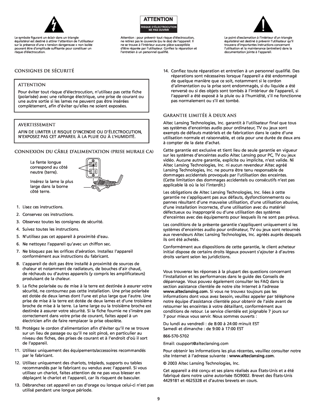 Altec Lansing VS4121 manual Consignes De Sécurité, Avertissement, Connexion Du Câble D’Alimentation Prise Murale Ca 