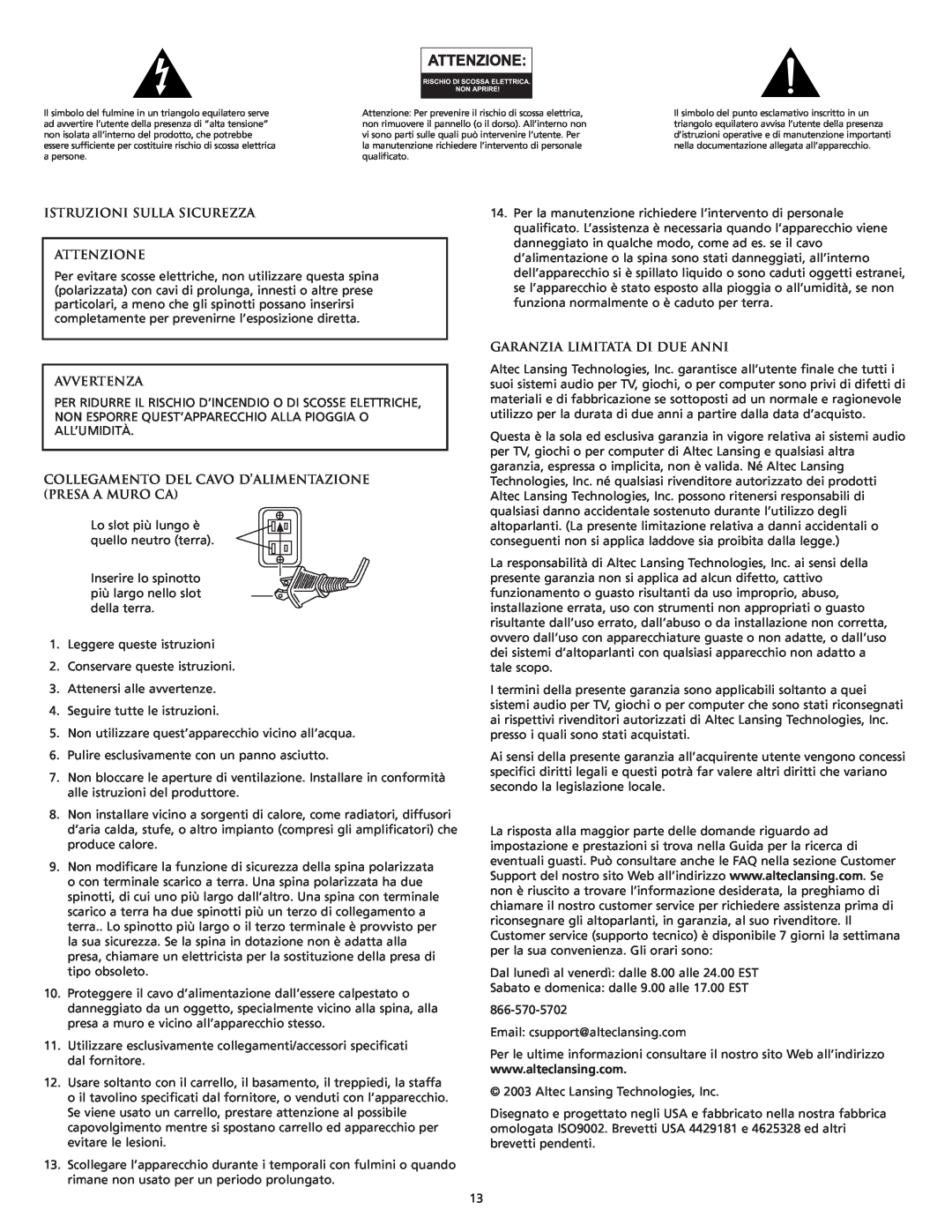 Altec Lansing VS4121 manual Istruzioni Sulla Sicurezza Attenzione, Avvertenza, Garanzia Limitata Di Due Anni 