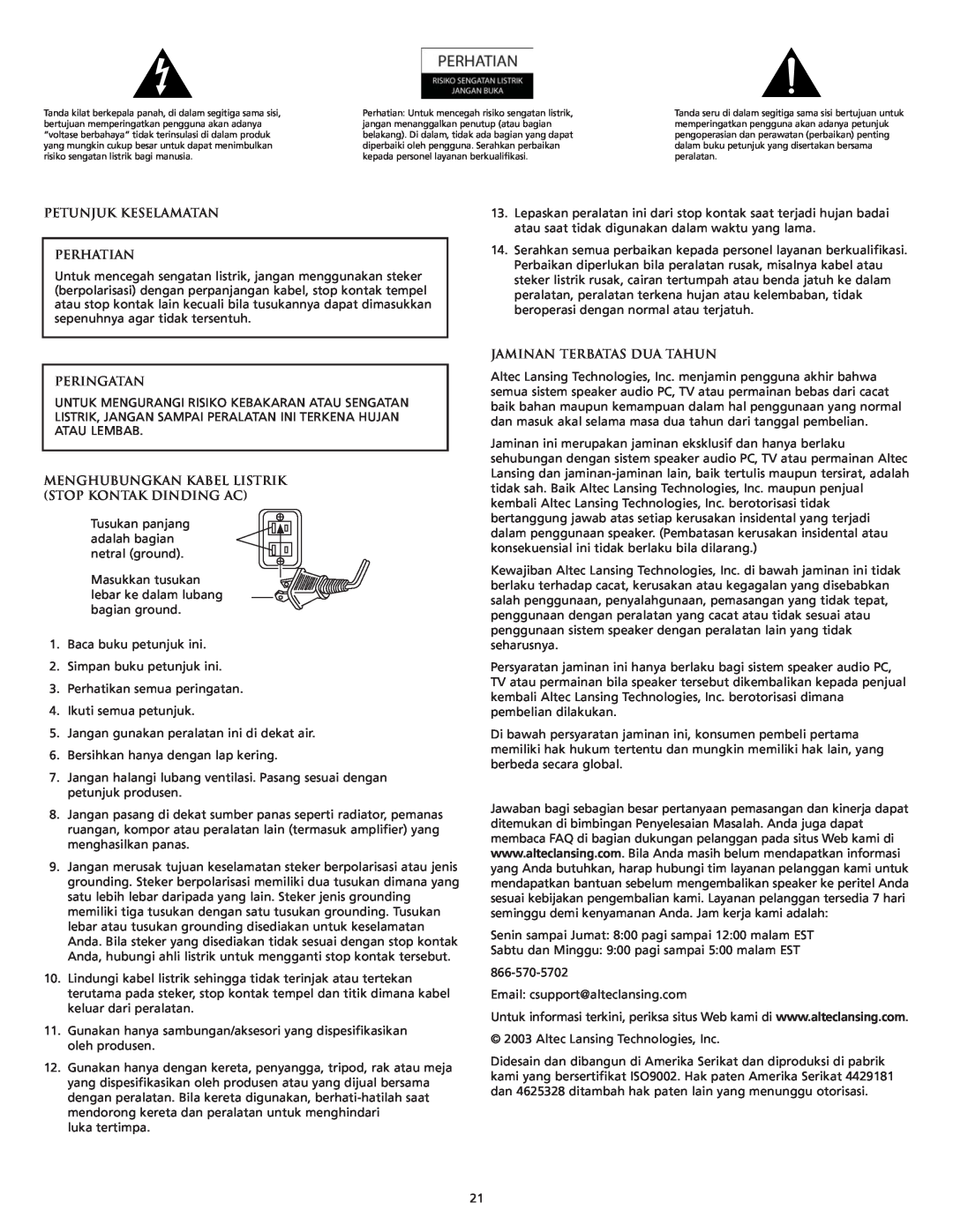 Altec Lansing VS4121 manual Petunjuk Keselamatan Perhatian, Peringatan, Jaminan Terbatas Dua Tahun 