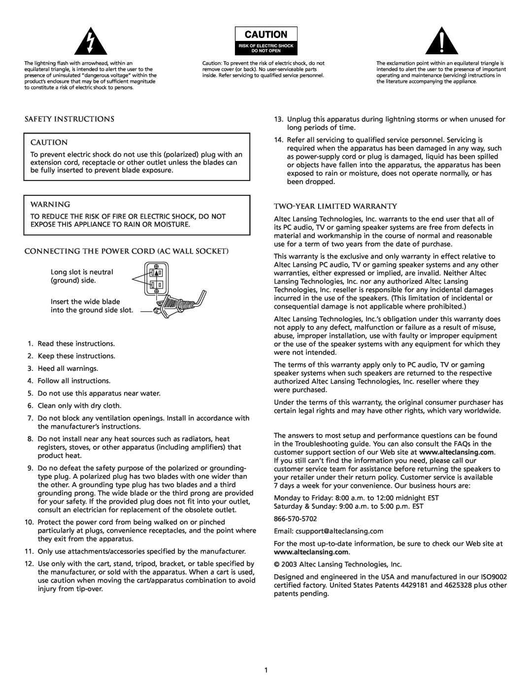Altec Lansing VS4121 manual Safety Instructions, Connecting The Power Cord Ac Wall Socket, Two-Yearlimited Warranty 